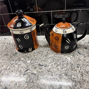 Handcrafted Ceramic Teapot and Sugar Jar Set - Black & Brown